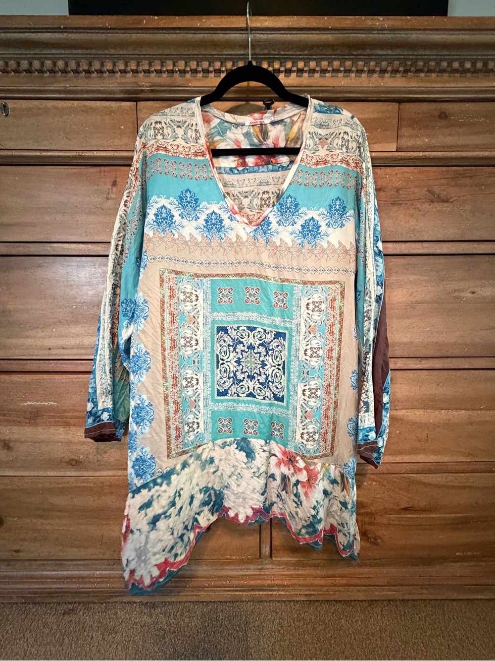 Johnny Was Turquoise Multi Boho V-Neck Silk Tunic